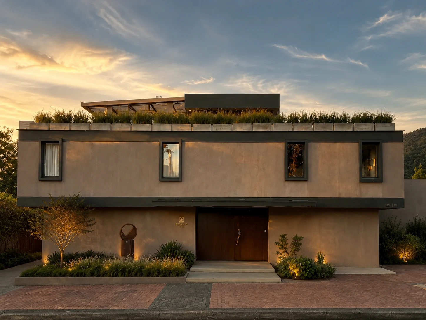 Fachada del showroom de STAAD HOME al atardecer: volumen de microcemento con jardin en la cubierta, iluminacion calida y puerta de madera